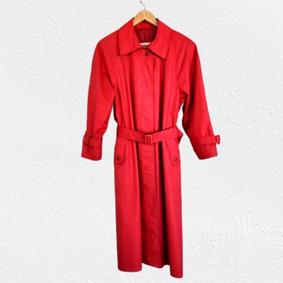 London Fog Red Midi Trench Coat Size 12 Petite 80's,Belted, Pockets, Lined - Picture 1 of 11